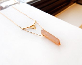 Raw Quartz Point Necklace, Iridescent Orange Titanium Coated Quartz Point, Gold tube and Triangle Raw Brass Connector,choose your style