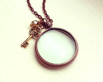 Magnifying glass necklace, Antique Copper-plated Monocle Pendant, Gold / Silver key pewter charm