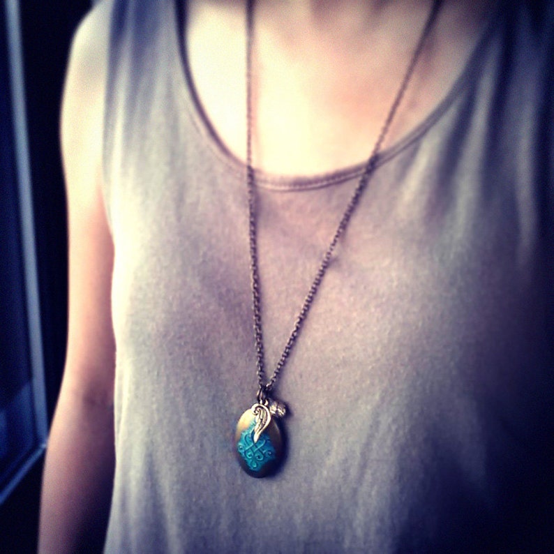 Vintage locket pendant Antique brass cable chain Angel wing charm Antique Bronze Locket Necklace