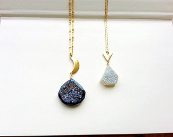 Druzy Necklace, Blue Iris/ Iridescent Light Blue Rainbow Agate Titanium Druzy Gemstone Necklace,Triangle & Crescent Raw Brass Connector