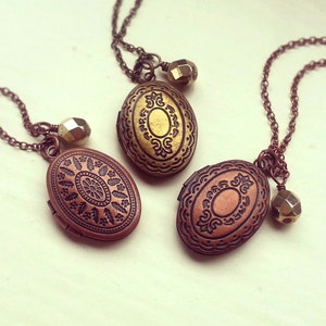 Antique Brass Locket Necklace, Oval locket pendant, Czech glass bead, Antique bronze / copper cable chain image 1