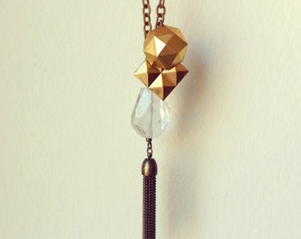 Crystal Quartz Tassel Necklace, Rock Crystal Nugget, Raw Brass Stud Pendant, Brass Tassel, Brass Cable Chain