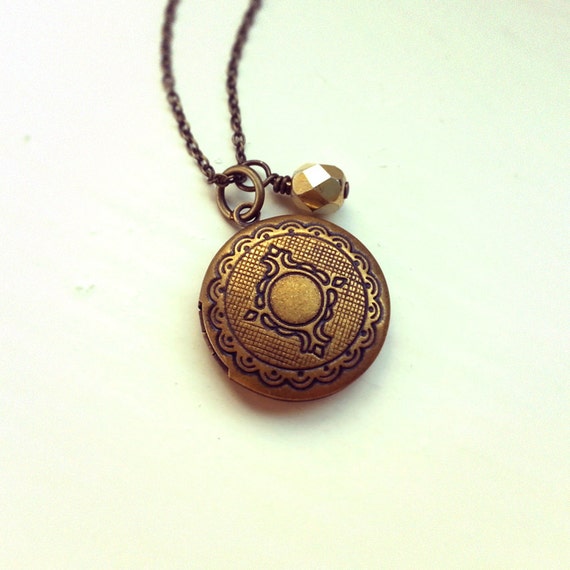 Vintage locket pendant Antique brass cable chain Angel wing charm Antique Bronze Locket Necklace