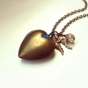 Vintage locket pendant Antique brass cable chain Angel wing charm Antique Bronze Locket Necklace