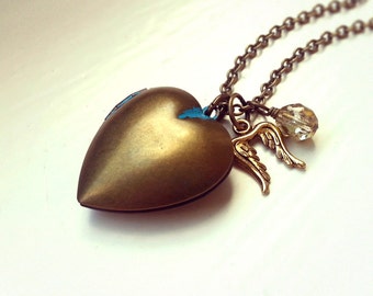 Antique Bronze Heart Locket Necklace, Vintage heart locket pendant, Angel wings charm, Antique brass cable chain