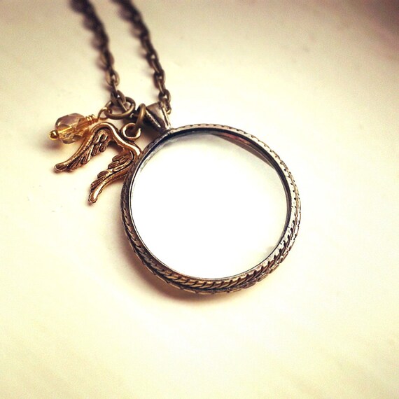 Vintage locket pendant Antique brass cable chain Angel wing charm Antique Bronze Locket Necklace