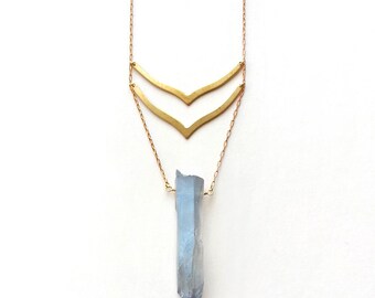 Raw Quartz Point Necklace, Iridescent Blue titanium coated quartz point necklace, choose your style