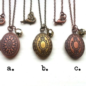 Antique Brass Locket Necklace, Oval locket pendant, Czech glass bead, Antique bronze / copper cable chain image 4