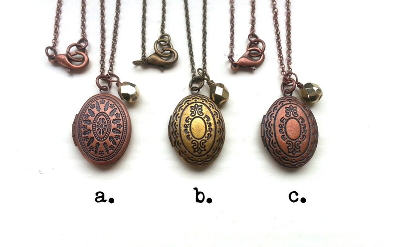 Antique Brass Locket Necklace, Oval locket pendant, Czech glass bead, Antique bronze / copper cable chain image 4