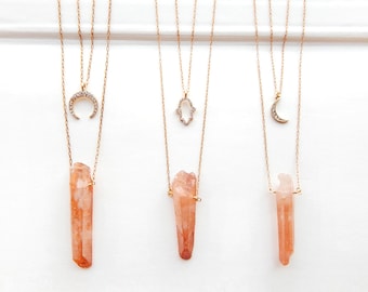 Raw Quartz Point and Beadelle Crystal Necklace, Iridescent Orange Titanium Coated Quartz Point, Beadelle Crystal Pendant,choose your style