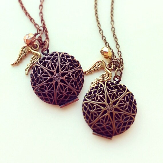 Vintage locket pendant Antique brass cable chain Angel wing charm Antique Bronze Locket Necklace