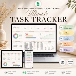 May include: A digital task tracker displayed on a laptop, tablet, and smartphone screen. The interface features a productivity dashboard with charts, task lists, and a calendar. Text includes "Ultimate Task Tracker," "Live Dashboard," "Task Tracker," "Project Tracker," "Smart Calendar," and "Goal Planner."