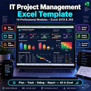Peut inclure: Un ordinateur portable affichant un modèle Excel de gestion de projet informatique avec 14 modules professionnels. L'écran présente un tableau de bord avec le statut des tâches, les bugs, une matrice de risques et un diagramme de Gantt.