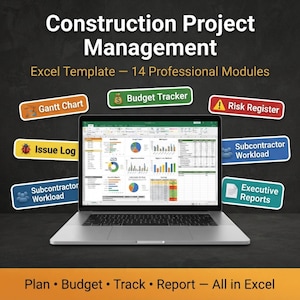 Puede incluir: Un portátil plateado que muestra una hoja de cálculo de Excel con gráficos y datos. Alrededor de la pantalla hay etiquetas: Construction Project Management, Excel Template, Gantt Chart, Budget Tracker, Risk Register, Issue Log, Subcontractor Workload y Executive Reports.