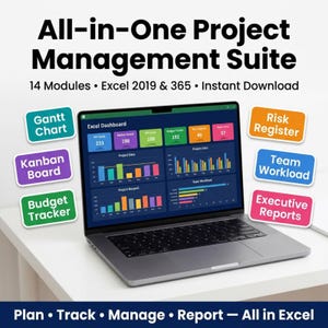 Puede incluir: Un portátil plateado que muestra un panel de control de Excel con gráficos coloridos y datos. El texto dice: All-in-One Project Management Suite, 14 Modules, Excel 2019 & 365, Instant Download, Gantt Chart, Kanban Board, Budget Tracker, Risk Register, Team Workload, Executive Reports, Plan, Track, Manage, Report — All in Excel.