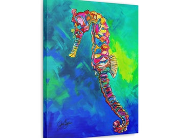 Seahorse Blues Art Artwork Original painting Jen Callahan canvas gallery wrapped collector wall art seahorse gift mom sister