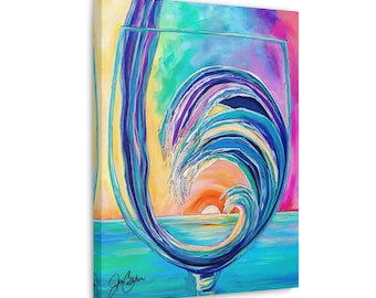 Wine Artwork painting Painted by Jen Callahan print Printed Canvas giclee Gallery Wrapped wine lover gift present fun beach ocean wave