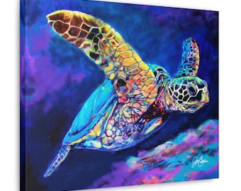 Sea Turtle Art Wall Artwork Original Painting by Jen Callahan© Reproduction printed on Canvas, then Gallery Wrapped and ready to hang