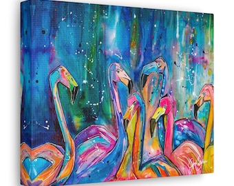 Colorful Flamingo Canvas Print, Beach House Wall Art by Jen Callahan