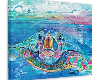 Hello Turtle Sea turtle ocean art wall Canvas Print Jen Callahan turtle gift mom lover Gallery Wrapped and Ready to Hang