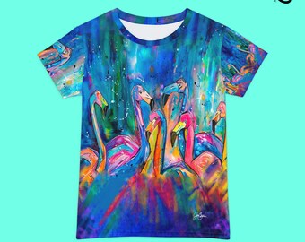 T Shirt  Flamingo shirt tshirt women loose fit Jen Callahan paintings into a Short Sleeve Shirt Flamingo lover Flamingos Gift