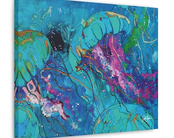 Blue Jellyfish Art Print, Marine Life Canvas Wall Art