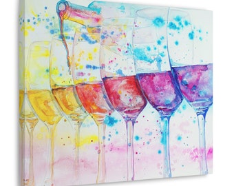 Wine Glasses Watercolor Art Print, Colorful Bar Wall Decor