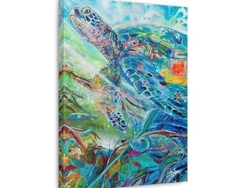 Sea Turtle Painting Reproduction, Coastal Canvas Art Print