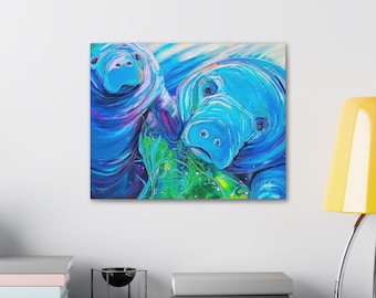 Mother Manatee Canvas Wall Art, Beach Decor Painting by Jen Callahan