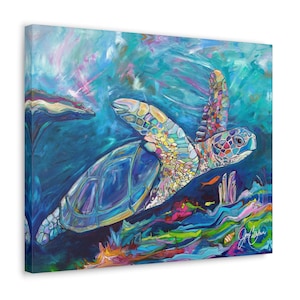May include: A vibrant canvas print of a sea turtle swimming underwater. The artwork features a colorful turtle with a blue shell and multi-colored flippers, set against a backdrop of blue and turquoise water with coral and fish.