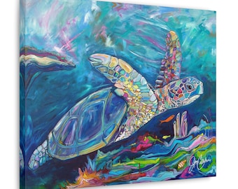 Belize Turtle Original Painting Jen Callahan sea turtle gift wall art for ocean themed room turtle lover obsessed fun colorful neat mom