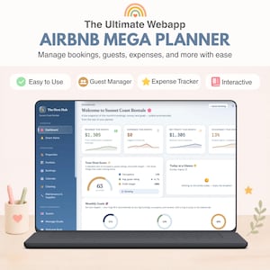 May include: A laptop displaying the Airbnb Mega Planner webapp dashboard for Sunset Coast Rentals. The interface shows revenue, expenses, net profit, occupancy, host score, and monthly goals. A pen holder with two pens sits to the left.
