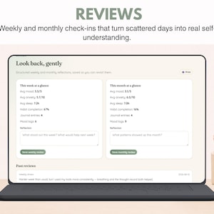 May include: A laptop screen displaying a digital interface titled REVIEWS with the text Look back, gently. The dashboard features sections for This week at a glance and This month at a glance, showing metrics for mood, anxiety, sleep, and habit completion.