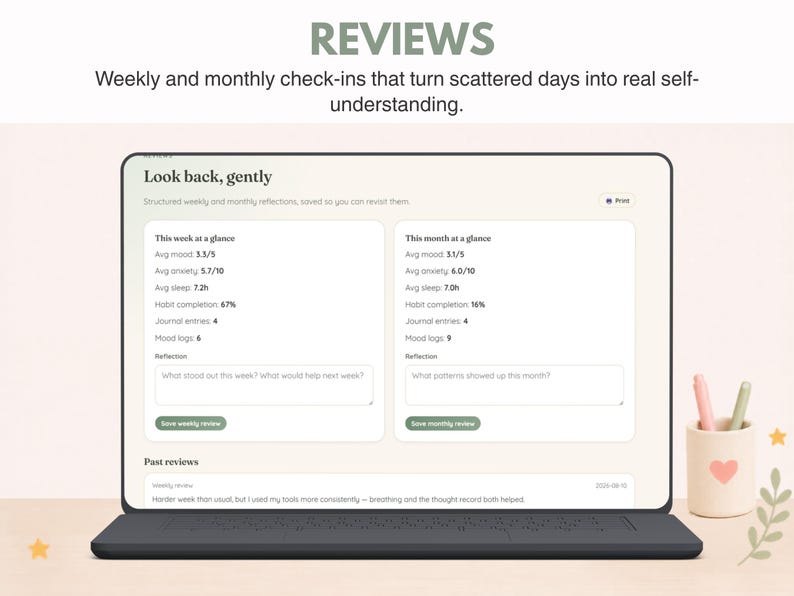 May include: A laptop screen displaying a digital interface titled REVIEWS with the text Look back, gently. The dashboard features sections for This week at a glance and This month at a glance, showing metrics for mood, anxiety, sleep, and habit completion.
