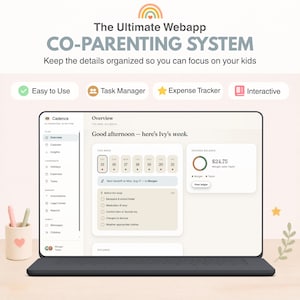 May include: A laptop screen displaying the Cadence co-parenting webapp interface with an overview dashboard, calendar, task manager, and expense tracker. Text includes The Ultimate Webapp CO-PARENTING SYSTEM and Easy to Use.
