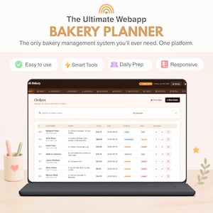 May include: A laptop displaying The Ultimate Webapp BAKERY PLANNER interface, featuring an orders table with customer names, items, totals, and status indicators. Above the screen, text reads The Ultimate Webapp BAKERY PLANNER and features icons for Easy to use, Smart Tools, Daily Prep, and Responsive.