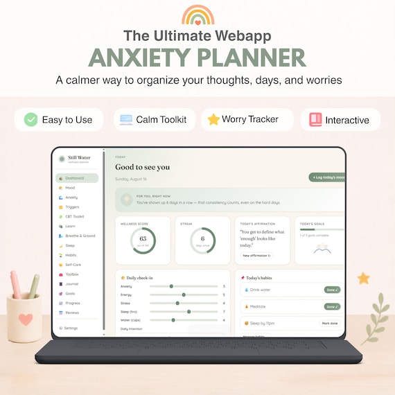 Anxiety Planner Web App Anxiety Tracker Anxiety Journal Mood Tracker Self Care Planner Mental Wellness Organizer Stress Tracker