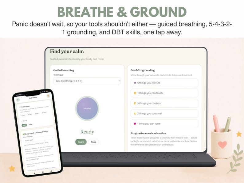 May include: A smartphone and a laptop displaying a digital interface titled BREATHE & GROUND. The screen shows guided breathing exercises, a 5-4-3-2-1 grounding technique, and DBT skills. The interface includes buttons for Start and Stop.