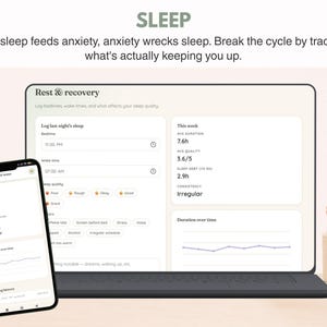 May include: A laptop and smartphone displaying the Rest & Recovery sleep tracking interface. The screen shows data fields for bedtime, wake time, sleep quality, and weekly statistics including duration and consistency, with the text SLEEP at the top.