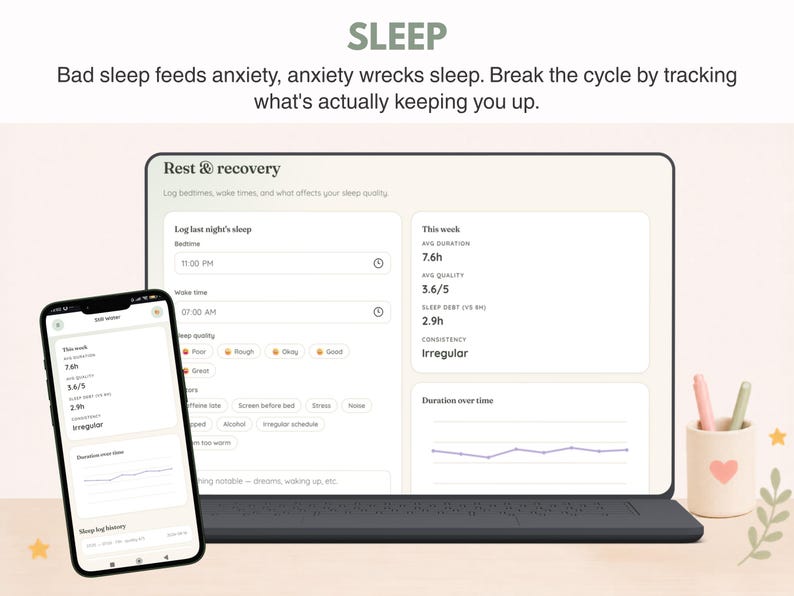 May include: A laptop and smartphone displaying the Rest & Recovery sleep tracking interface. The screen shows data fields for bedtime, wake time, sleep quality, and weekly statistics including duration and consistency, with the text SLEEP at the top.