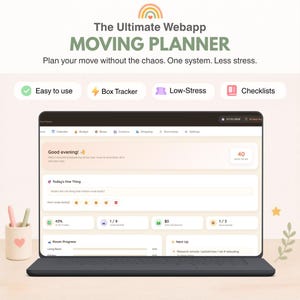 May include: A laptop screen displaying The Ultimate Webapp MOVING PLANNER interface with sections for tasks, box tracking, and budget. The dashboard features a beige color scheme, a countdown of 40 days, and navigation tabs for calendar and contacts.