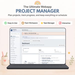 Może przedstawiać: Laptop wyświetlający pulpit nawigacyjny aplikacji do zarządzania projektami z tekstem The Ultimate Webapp PROJECT MANAGER. Zawiera menu boczne, listy zadań, śledzenie postępów i aktualizacje statusu. Etykiety Easy to Use, Team Workspace, Task Manager, Interactive.