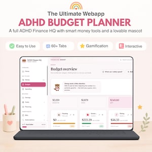 May include: A digital ADHD budget planner webapp displayed on a laptop screen. The interface features a budget overview with categories, spending totals, and a mascot. Text includes The Ultimate Webapp ADHD BUDGET PLANNER and Finance HQ.