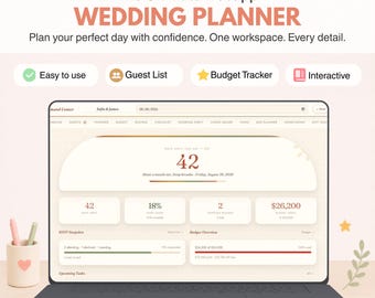 Può includere: Un'applicazione web per l'organizzazione di matrimoni visualizzata sullo schermo di un computer portatile. L'interfaccia presenta una dashboard con conti alla rovescia, monitoraggio del budget e statistiche RSVP. Il testo include The Ultimate Wedding Planner.