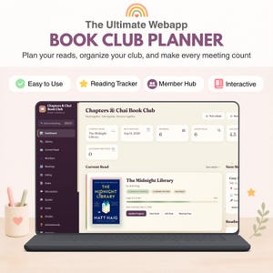 Peut inclure: Un planificateur de club de lecture webapp numérique affiché sur un écran d'ordinateur portable. L'interface présente un tableau de bord intitulé Chapters & Chai Book Club, avec une lecture en cours, des dates de réunion et des statistiques.