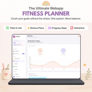 May include: A digital fitness planner webapp interface displayed on a laptop screen. The dashboard shows a nutrition tracker with macro goals, a line graph for caloric intake, and a water intake log. Text includes The Ultimate Webapp FITNESS PLANNER.
