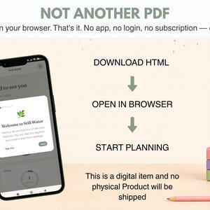 May include: A smartphone displays a digital interface titled Welcome to Still Water with a leaf icon. Text reads NOT ANOTHER PDF, DOWNLOAD HTML, OPEN IN BROWSER, START PLANNING, and This is a digital item and no physical Product will be shipped.