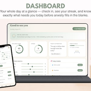 May include: A digital dashboard interface displayed on a laptop and smartphone screen. The interface features sections for wellness scores, streaks, daily affirmations, goals, and habit tracking with text including DASHBOARD, Good to see you, and Today's habits.