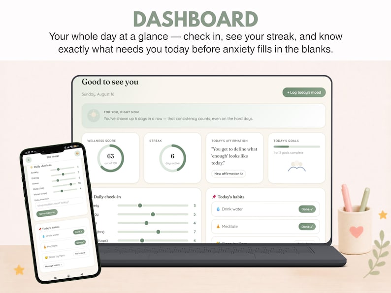 May include: A digital dashboard interface displayed on a laptop and smartphone screen. The interface features sections for wellness scores, streaks, daily affirmations, goals, and habit tracking with text including DASHBOARD, Good to see you, and Today's habits.