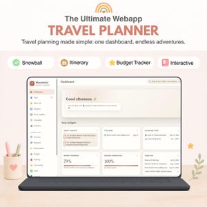 May include: A digital travel planner web application displayed on a laptop screen. The dashboard interface features sections for trips, itineraries, budget tracking, and packing lists. Text includes The Ultimate Webapp TRAVEL PLANNER.